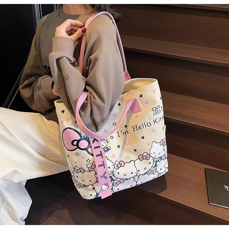 Hello Kitty Canvas Tote Bag – Large Kawaii Shoulder Bag for Girls, Women & Students | Cute Sanrio Handbag for Daily Use, Shopping & Travel