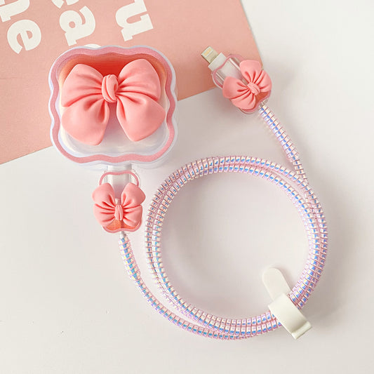 Kawaii Pink Bow Fast Charging USB Cable Protector Set – Cute Glitter Spiral iPhone Charger Cable with Bow Cable Organizer & Adapter Cover
