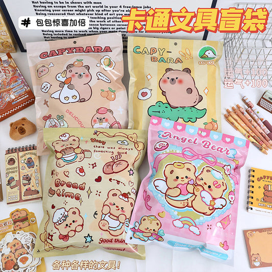 Kawaii Blind Box Stationery Kit (8–10 Items) – Capybara, Angel Bear, Bread Time Bear, Merry Christmas Bear & Cute Bakery Bear Surprise Stationery Gift Set | Mystery Cute School & Office Supplies