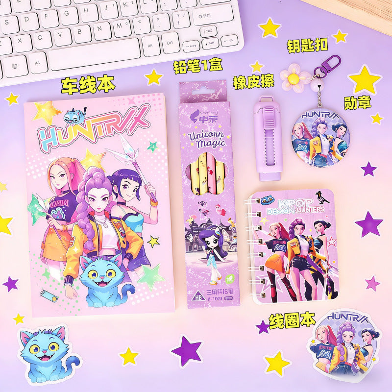 KPOP Demon Hunters Stationery Set – Cute School Supplies Kit with Notebook, Pencil Set, Eraser, Sharpener & Keychain | Aesthetic Gift Set for Kids & Teens
