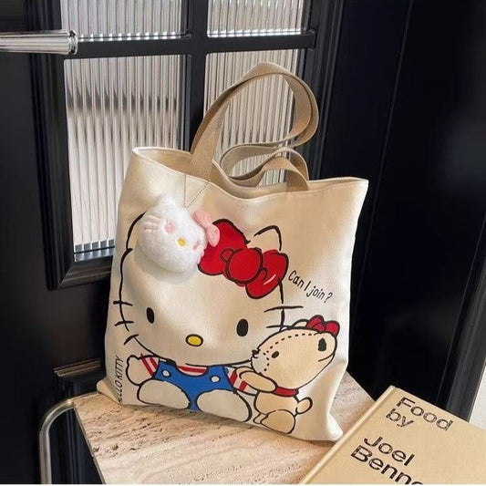 Hello Kitty Kawaii Canvas Tote Bag with Plush Charm – Cute Aesthetic Shoulder Handbag for Girls & Women