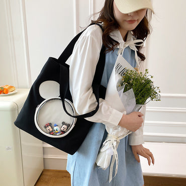Disney Mickey Mouse Transparent Pocket Tote Bag – Kawaii Canvas Shoulder Bag for Women & Girls | Cute Korean Style Large Capacity Handbag