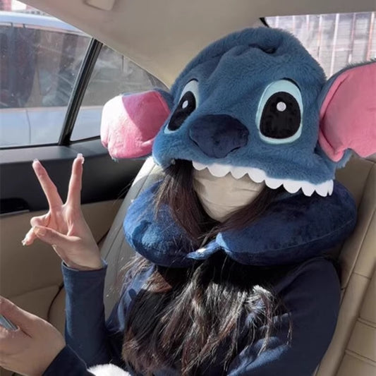 Stitch Plush Travel Neck Pillow with Hoodie Cap – Cute Cartoon U-Shaped Soft Neck Cushion for Car, Flight & Home Use