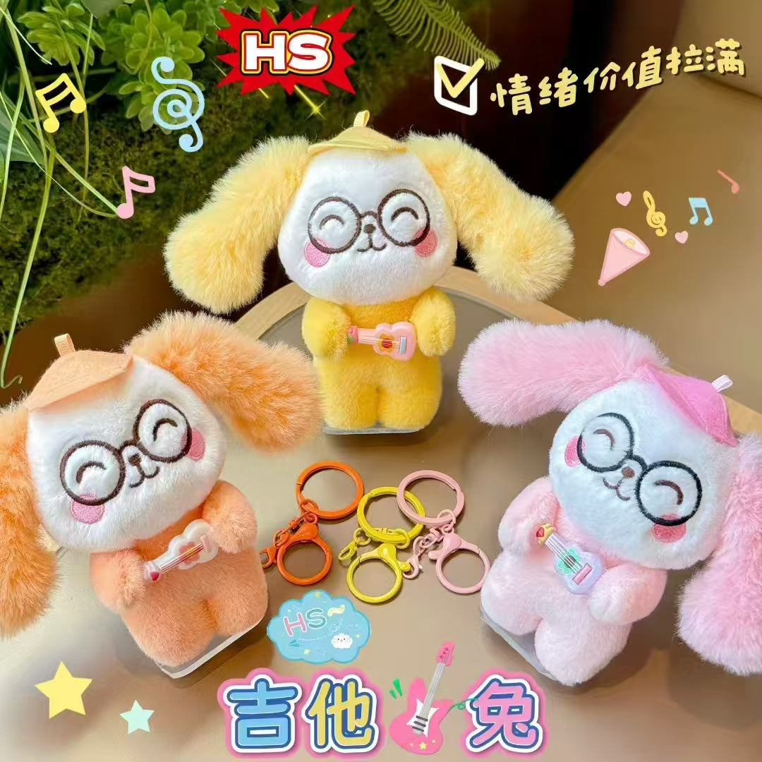 Kawaii Guitar Bunny Plush Toy Keychain β Cute Rabbit Stuffed Doll with Glasses