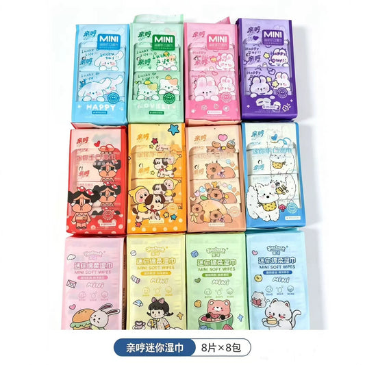 Kawaii Mini Pocket Wet Wipes Set – 8 Packs x 8 Sheets | Cute Cartoon Portable Travel Wet Tissues | Soft Disposable Pocket Wipes for Kids, School, Office & Travel