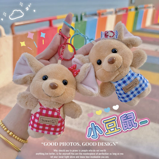 Kawaii Sweet Mouse Plush Keychain – Cute Couple Keyring with Checkered Dress (Red & Blue)