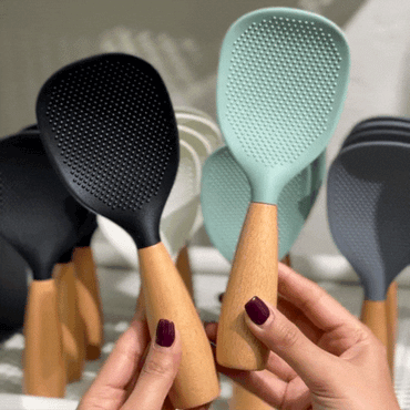 Premium Silicone Rice Spoon with Wooden Handle | Non-Stick Heat Resistant Serving Spoon | Modern Kitchen Cooking Tool