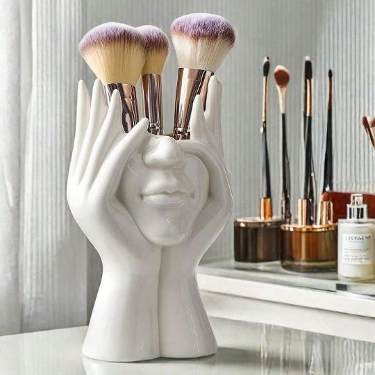 Modern Abstract Face Hand Holder Vase | Multipurpose Ceramic Organizer for Makeup Brushes, Cutlery & Home Décor