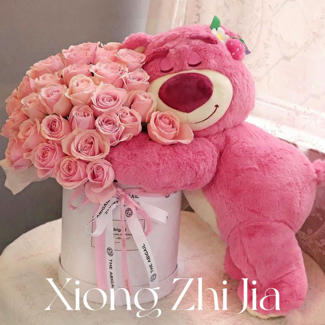 Kawaii Pink Teddy Bear Hugging Rose Bouquet – Cute Plush Soft Toy with Artificial Flower Box | Romantic Gift for Girlfriend, Wife, Birthday & Valentine