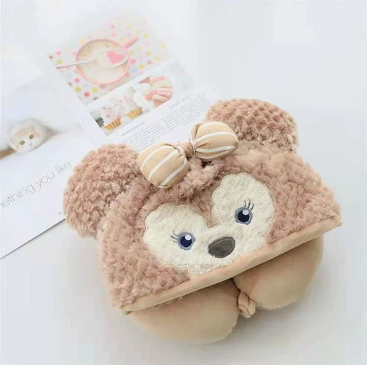 Kawaii Bear Plush Travel Neck Pillow Hat – Cute Cartoon Winter Cap with U-Shaped Neck Cushion | Soft Teddy Ear Cosplay Hoodie Cap for Girls