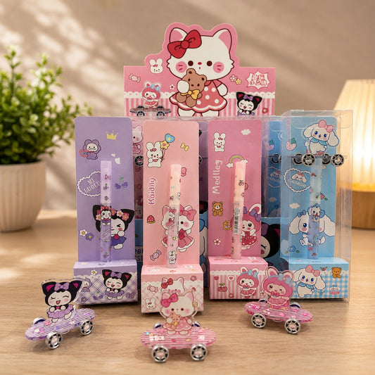 Pack of 4 Cute Cartoon Skateboard Gel Pens | Kawaii Character Black Ink Pens | 0.5mm Smooth Writing Pen | Aesthetic Stationery for Kids, School, Office & Gifts