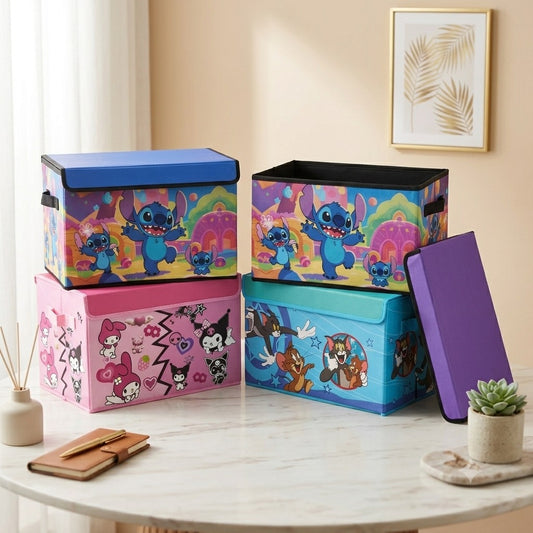 Premium Cartoon Foldable Storage Box with Lid – Large Fabric Organizer Bin for Clothes, Toys, Books & Kids Room | Kuromi, Stitch, Tom & Jerry, My Melody Design