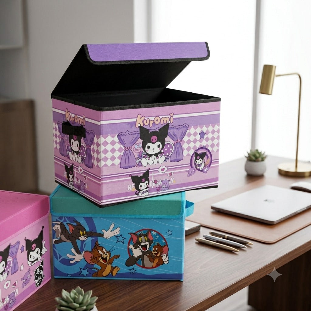 Premium Cartoon Foldable Storage Box with Lid – Large Fabric Organizer Bin for Clothes, Toys, Books & Kids Room | Kuromi, Stitch, Tom & Jerry, My Melody Design