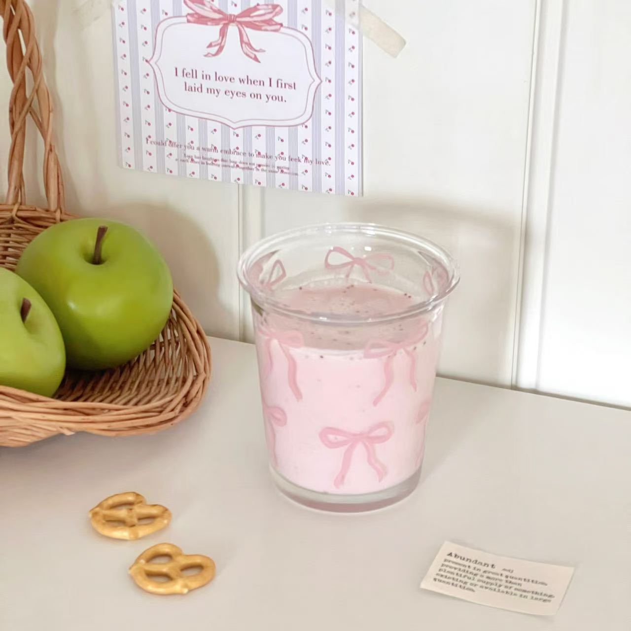 Kawaii Pink Bow Glass Tumbler Cup with Cute Ribbon Print | Aesthetic Drinking Glass for Iced Coffee, Milk, Juice, Bubble Tea & Smoothies | Transparent Glass Cup | Cute Gift for Girls