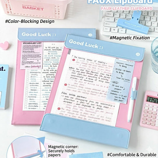 A4 Magnetic Clipboard Folder with Faux Leather Cover – Pastel Pink & Blue Paper Holder, Study Writing Board for Students, Office & School