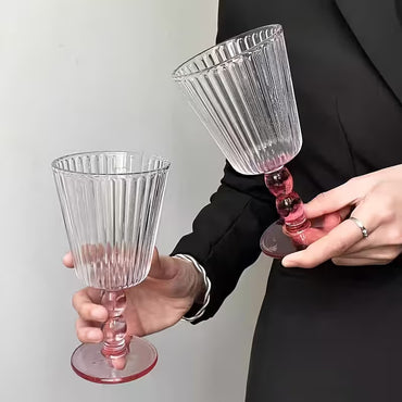 Pink Stemmed Ribbed Glass Goblet Wine Glass Set of 2 | Elegant Vintage Drinking Glasses for Juice, Mocktails & Home Décor