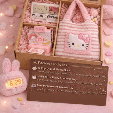 Cute Kawaii Gift Hamper | 3-in-1 Aesthetic Set with Shoulder Bag, Mini Camera Toy, Digital Alarm Clock & Bunny Clock | Perfect Gift for Girls & Teens