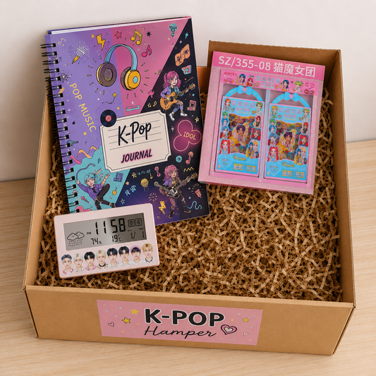 Kawaii K-Pop Aesthetic Premium Gift Hamper – “Happy Every Day” Sticker Set, Digital LED Clock, Cute Stationery Kit & Pastel Cardboard Gift Box