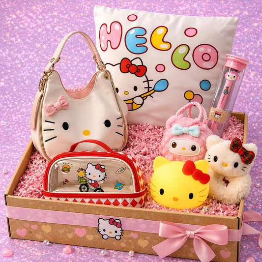 Hello Kitty Kawaii Gift Hamper – Sanrio Gift Box with Handbag, Cushion Pillow, toothbrush, Plush Toys & Lamp