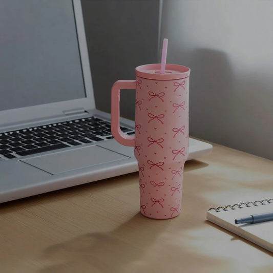Kawaii Pink Bow Tumbler with Handle & Straw – 1L Large Capacity Cute Travel Cup