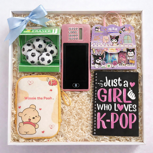 Cute Utility Stationery Gift Hamper – Calculator Pen Case, Notebook, Pouch, Stickers & Eraser Set
