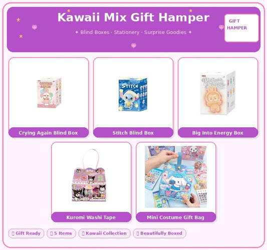 Kawaii Blind Box Gift Hamper – Blind Box Toys, Kuromi Washi Tape & Mini Costume Gift Bag | Cute Surprise Gift Set (5 Items)