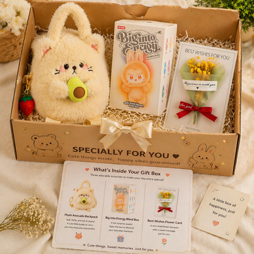 Cute Aesthetic Gift Hamper – Plush Backpack, Surprise Blind Box & Flower Greeting Card Set