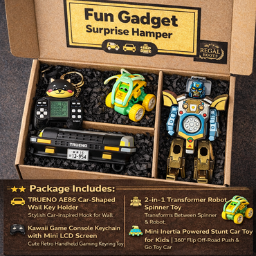 Fun Gadget Surprise Hamper | 4-in-1 Gift Box with TRUENO Car Key Holder, Transformer Robot Spinner, Kawaii Game Keychain & Stunt Toy Car | Unique Gift for Kids & Teens