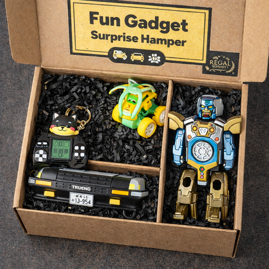 Fun Gadget Surprise Hamper | 4-in-1 Gift Box with TRUENO Car Key Holder, Transformer Robot Spinner, Kawaii Game Keychain & Stunt Toy Car | Unique Gift for Kids & Teens