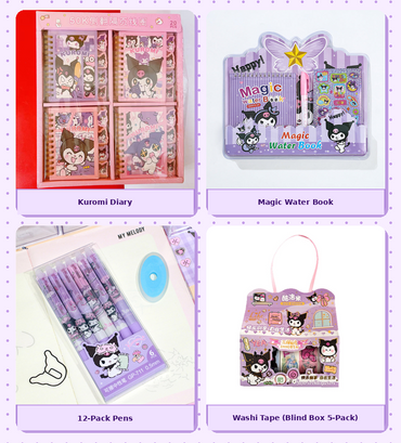 Kuromi Deluxe Stationery Gift Hamper – 4-in-1 Kawaii Combo Set for Girls | Diary, Magic Water Book, 12 Gel Pens & Washi Tape Box