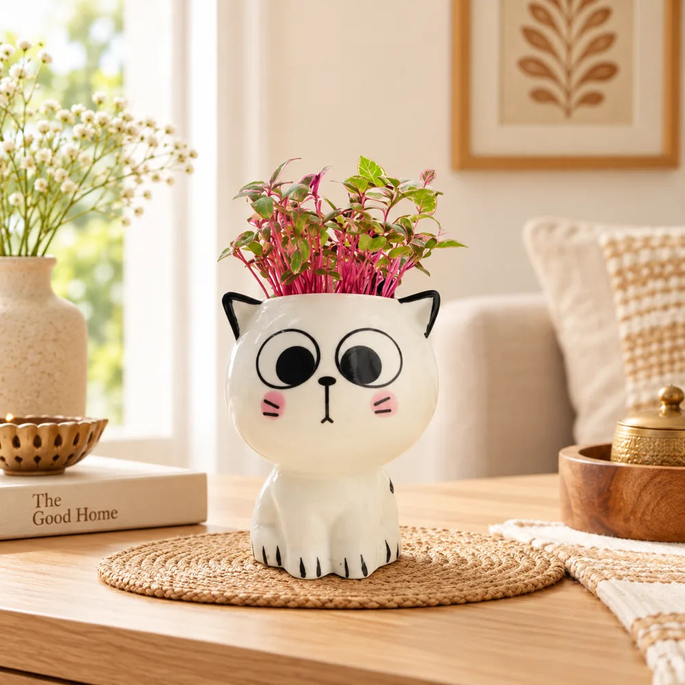 Cute Cat Ceramic Planter Pot – Kawaii Cartoon Cat Flower Pot for Home & Desk Decor