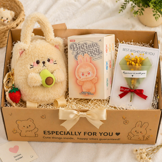 Cute Aesthetic Gift Hamper – Plush Backpack, Surprise Blind Box & Flower Greeting Card Set