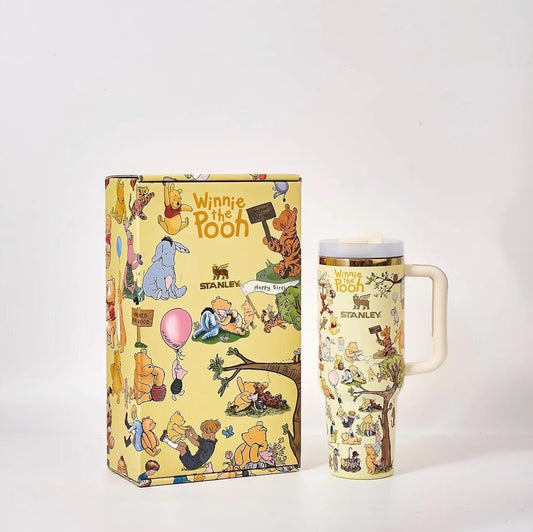 Winnie The Pooh Stanley 40oz 1200ml Tumbler with Handle & Lid | Cute Cartoon Quencher Style Water Bottle with Gift Box