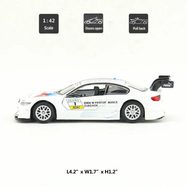 BMW M3 DTM Official Licensed 1:42 Die Cast Racing Car Model | Pull Back Metal Toy Car with Opening Doors | BMW Motorsport Collectible for Kids & Adults