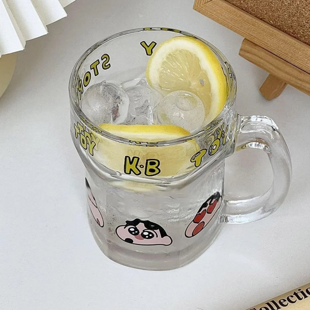 Shinchan Cartoon Glass Mug with Handle – Cute Anime Coffee Cup | Transparent Printed Kawaii Milk Tea Mug | Shinchan Lover Gift (Single Piece)