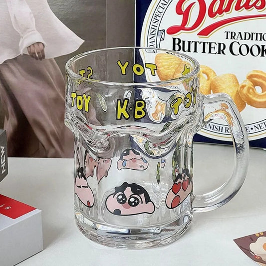 Shinchan Cartoon Glass Mug with Handle – Cute Anime Coffee Cup | Transparent Printed Kawaii Milk Tea Mug | Shinchan Lover Gift (Single Piece)