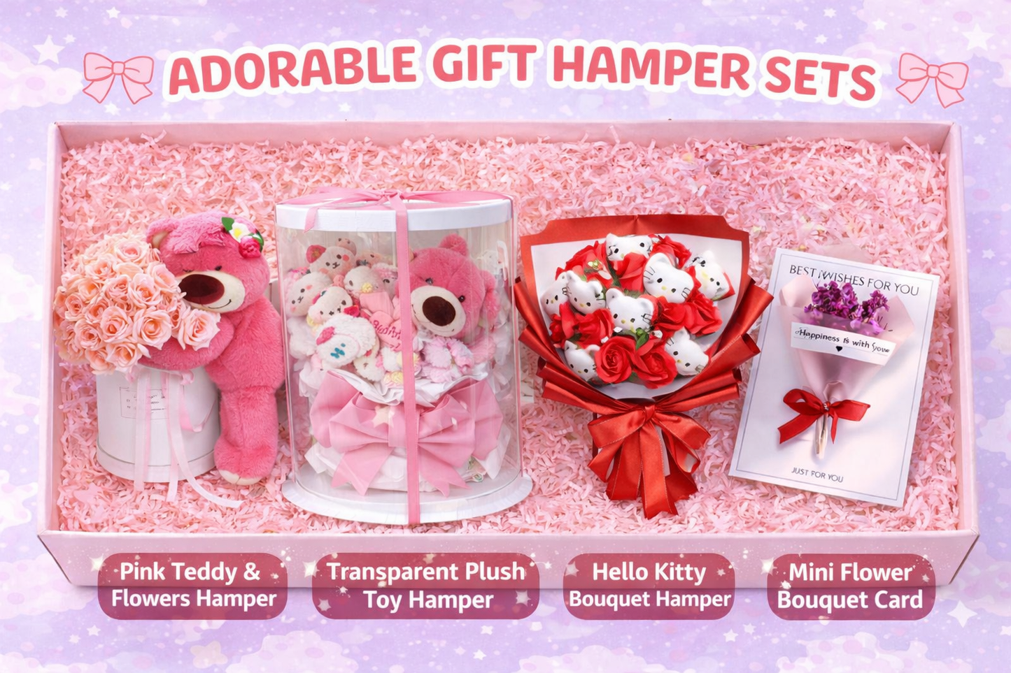 Luxury Cute Gift Hamper Set – Teddy, Flower Bouquet, Plush Box & 3D Greeting Card | Perfect Romantic & Birthday Gift Combo