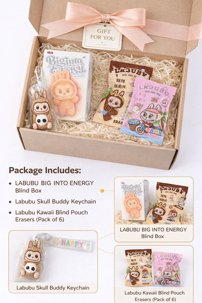 Labubu Kawaii Collectibles Hamper | 3-in-1 Gift Box with Stationery Set, Blind Box, Sticker Set, Skull Buddy Keychain & Eraser Packs | Cute Gift for Girls & Teens