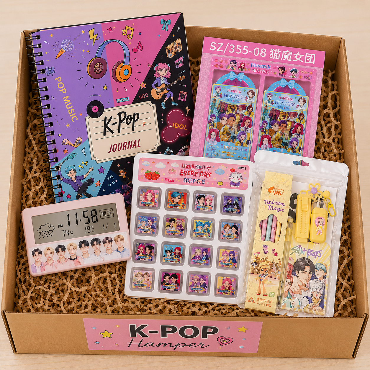 Kawaii K-Pop Aesthetic Premium Gift Hamper – “Happy Every Day” Sticker Set, Digital LED Clock, Cute Stationery set