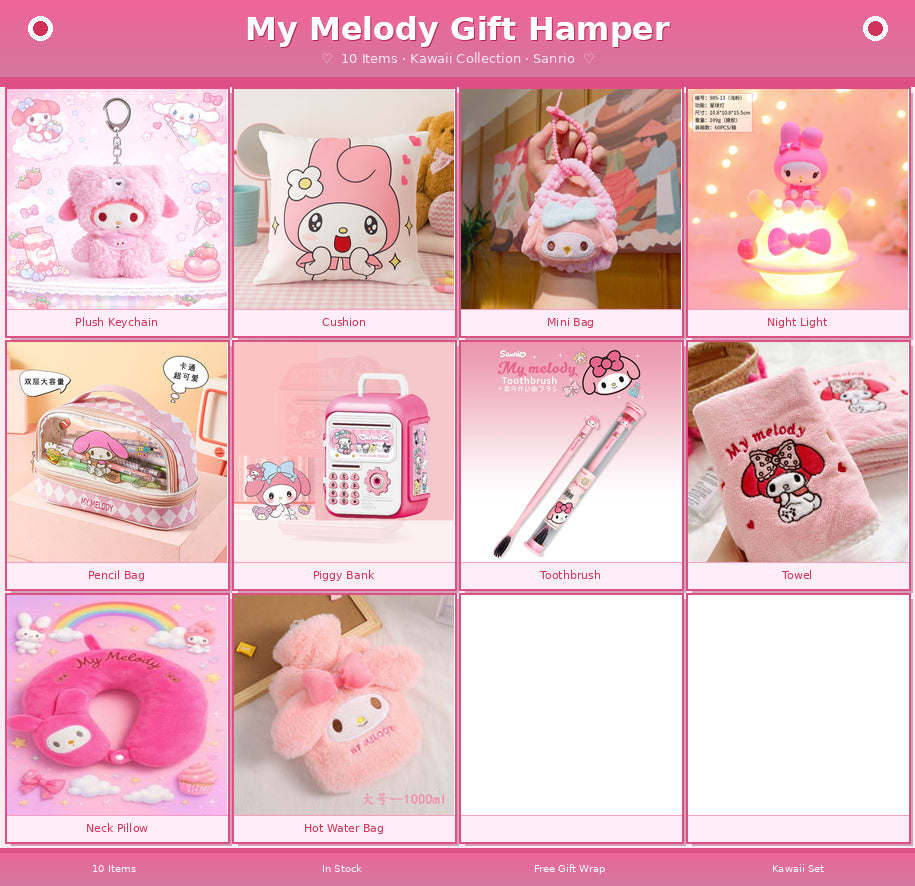 My Melody Kawaii Sanrio Gift Hamper – 10 Items Cute Gift Box Set with Pillow, Neck Cushion, Pencil Case, Light Lamp & Accessories