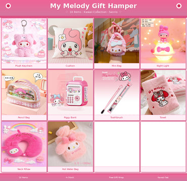 My Melody Kawaii Sanrio Gift Hamper – 10 Items Cute Gift Box Set with Pillow, Neck Cushion, Pencil Case, Light Lamp & Accessories