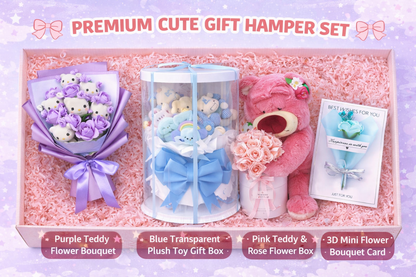 Premium Cute Gift Hamper – Purple Bouquet, Blue Plush Box, Teddy Rose Box & 3D Greeting Card | Luxury Gift Combo