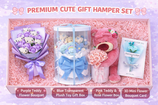 Premium Cute Gift Hamper – Purple Bouquet, Blue Plush Box, Teddy Rose Box & 3D Greeting Card | Luxury Gift Combo