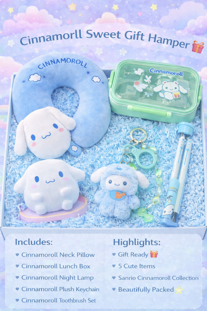 Cinnamoroll Sweet Kawaii Gift Hamper – Sanrio Gift Box with Neck Pillow, Lunch Box, Plush Toy, Keychain & Gel Pens