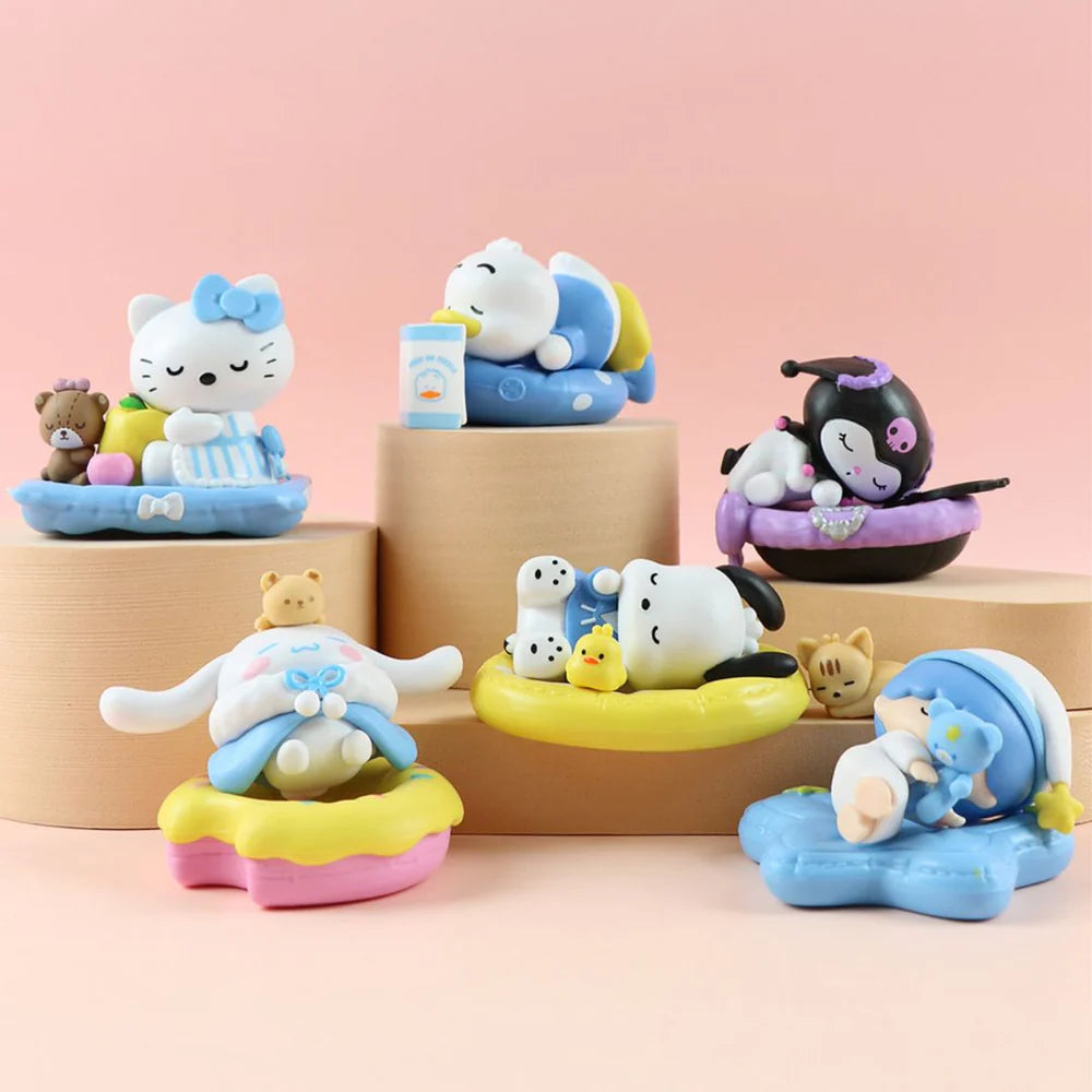 Sleeping Kawaii Character Mini PVC Figurine Set of 6 – Cute Sanrio-Inspired Anime Desk Decor | Mini Collectible Toy Set for Kids & Gifts