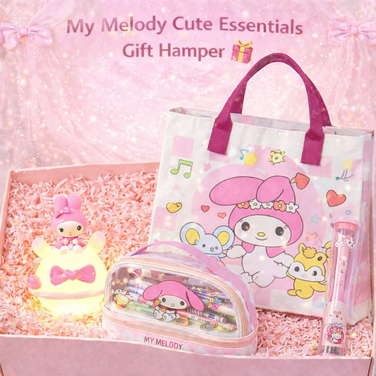 My Melody Cute Essentials Kawaii Gift Hamper – Sanrio Gift Box with Tote Bag, Lunch Box, Pencil Case, Night Lamp & Water Bottle