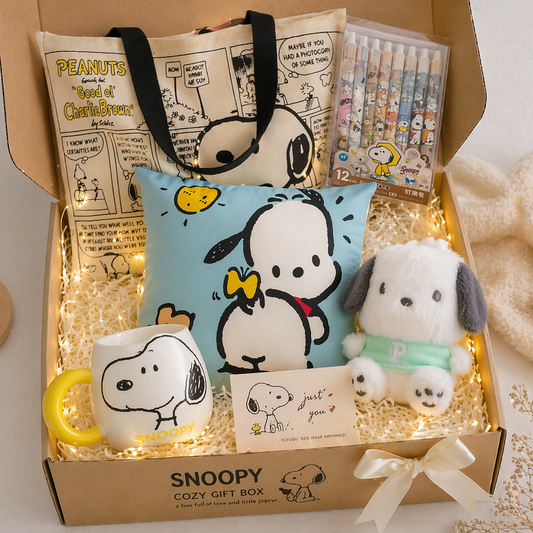 Snoopy Cozy Hamper – Aesthetic Cute Gift Box with one Mug, Cushion, Tote bag, Pen set & Plushie keychain