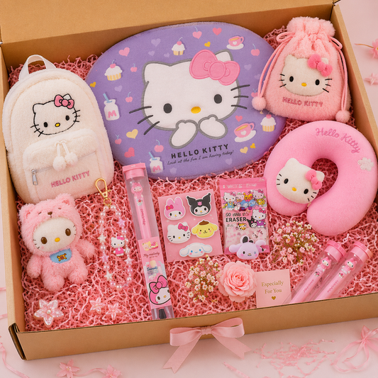 Ultimate Hello Kitty Kawaii Premium Gift Hamper Set – Cute Plush Backpack, Neck Pillow, Keychain, Bracelet, Stationery & Cozy Essentials Box
