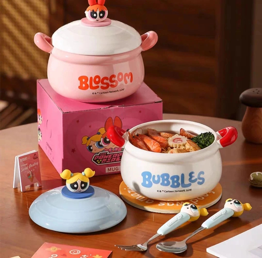The Powerpuff Girls Ceramic Soup Mug with Lid & Handles (1 pc)| Cute Kawaii Cartoon Bowl – Blossom, Bubbles & Buttercup