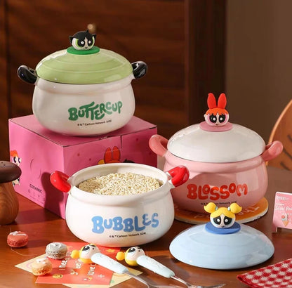 The Powerpuff Girls Ceramic Soup Mug with Lid & Handles (1 pc)| Cute Kawaii Cartoon Bowl – Blossom, Bubbles & Buttercup